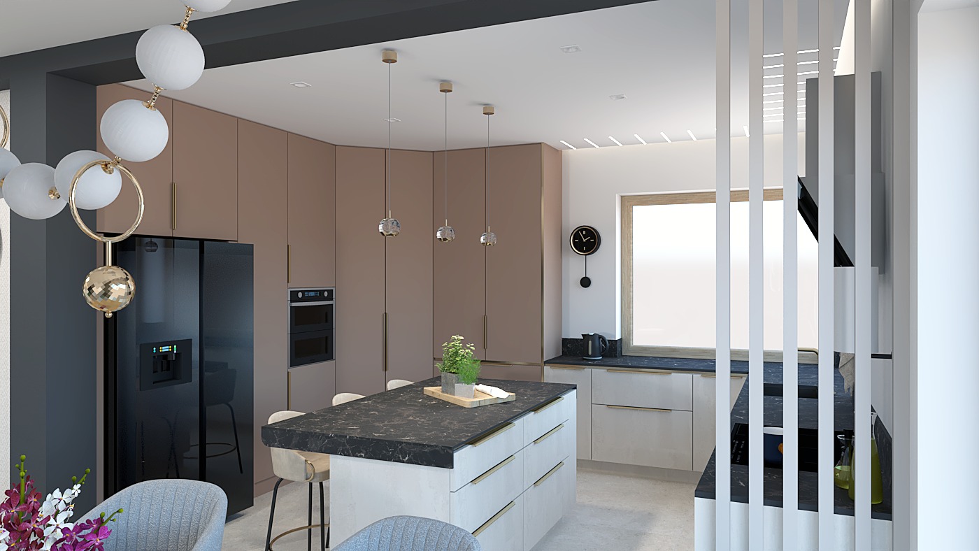 Nowoczesna kuchnia z wyspą, beżowe szafki, czarny sprzęt AGD i marmurowy blat. Oświetlenie punktowe i dekoracyjna lampa nadają wnętrzu elegancji.