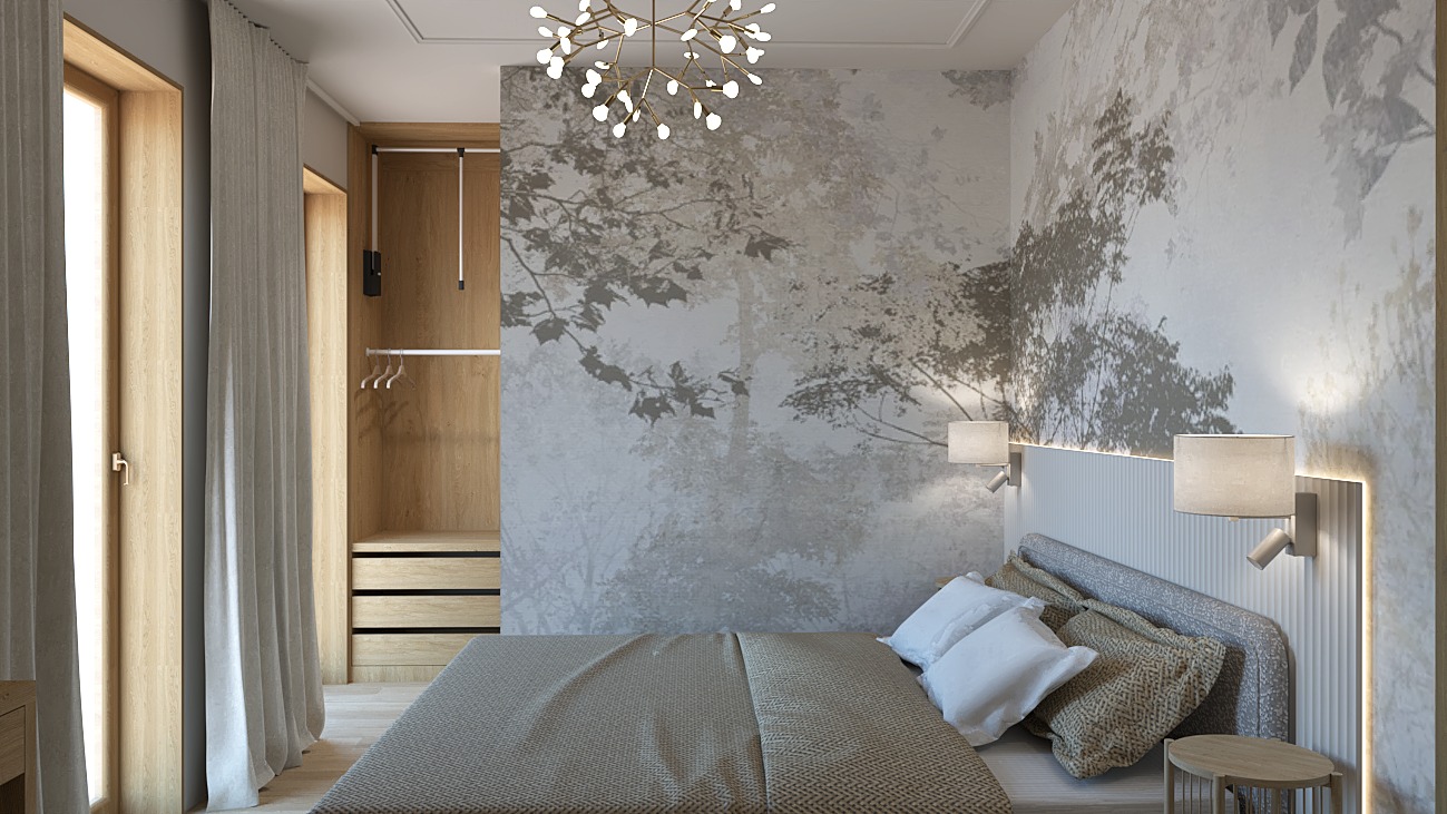 Nowoczesna sypialnia z tapetą w motywy leśne, drewnianą szafą wnękową i minimalistycznym oświetleniem. Jasne, stonowane barwy tworzą przytulną atmosferę.