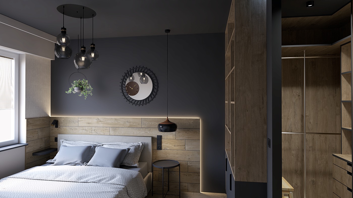 Nowoczesna sypialnia z drewnianym panelem za łóżkiem, designerskimi lampami i lustrem. Minimalistyczny styl, stonowana kolorystyka, oświetlenie LED podkreśla detale.