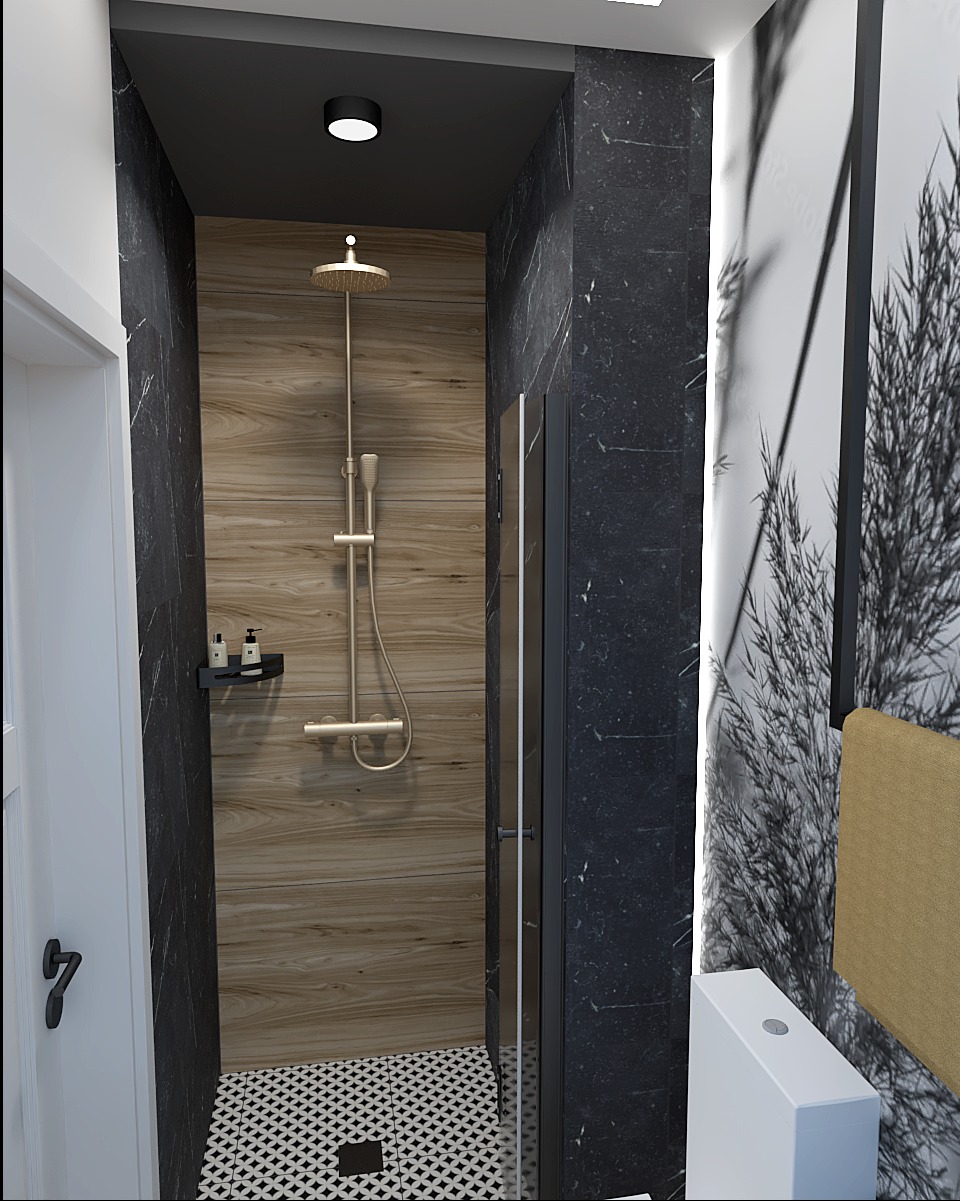 Nowoczesna kabina prysznicowa z deszczownicą, wykończona drewnem i czarnym marmurem, z geometryczną posadzką i minimalistycznym wystrojem.