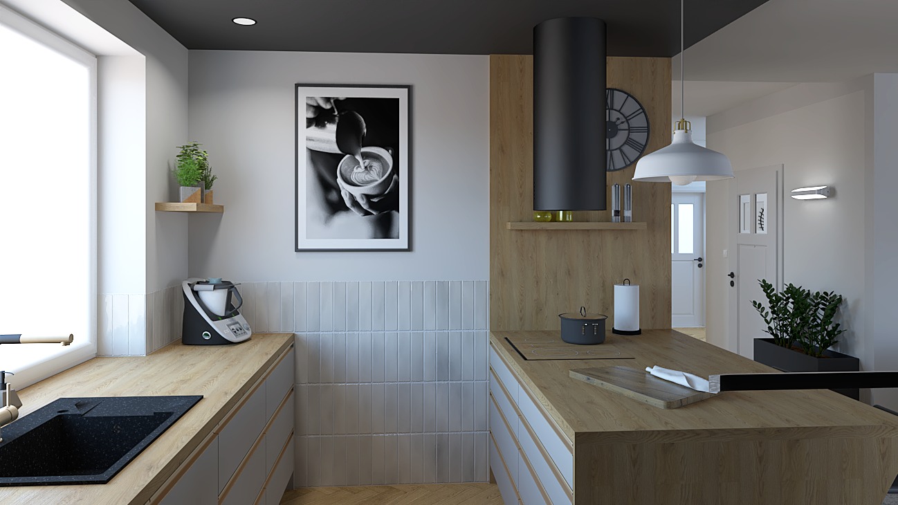 Nowoczesna kuchnia z drewnianymi blatami, białymi szafkami i czarnymi akcentami, w tym okapem i zlewem. Na ścianie grafika z motywem kawy.