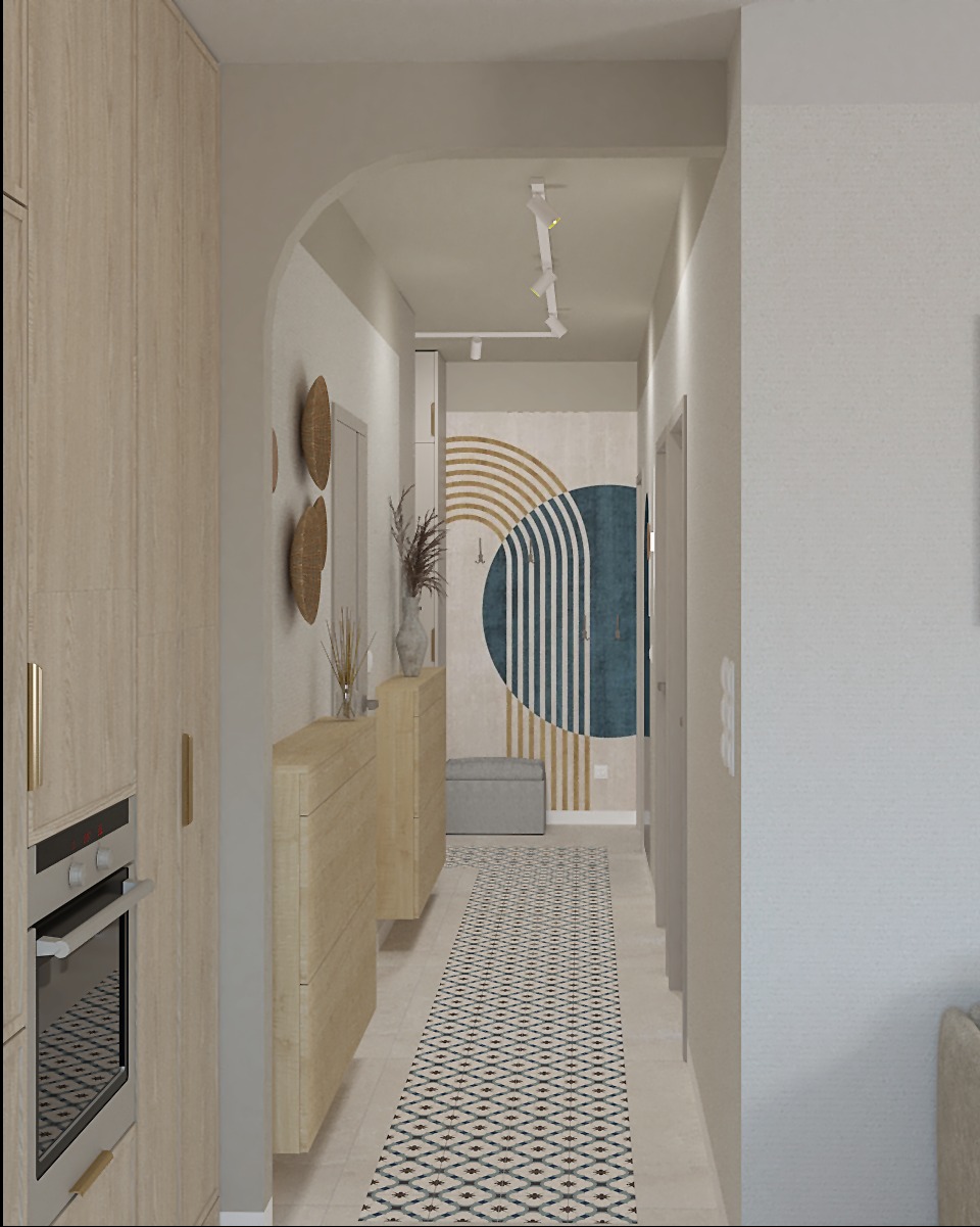 Nowoczesny przedpokój z drewnianymi szafkami, dekoracyjnymi koszykami na ścianie i wzorzystym dywanem. W tle widoczna grafika na ścianie i szara pufa.