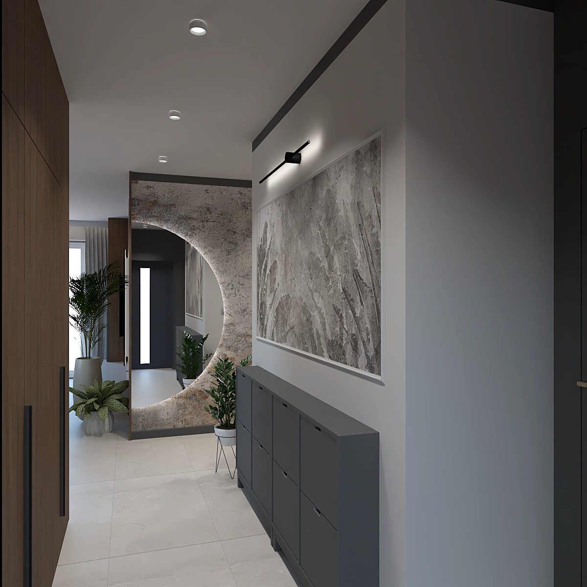 Nowoczesny przedpokój z lustrem w kształcie łuku, szarą szafką na buty i abstrakcyjnym obrazem. Minimalistyczne oświetlenie punktowe i rośliny doniczkowe dodają wnętrzu charakteru.