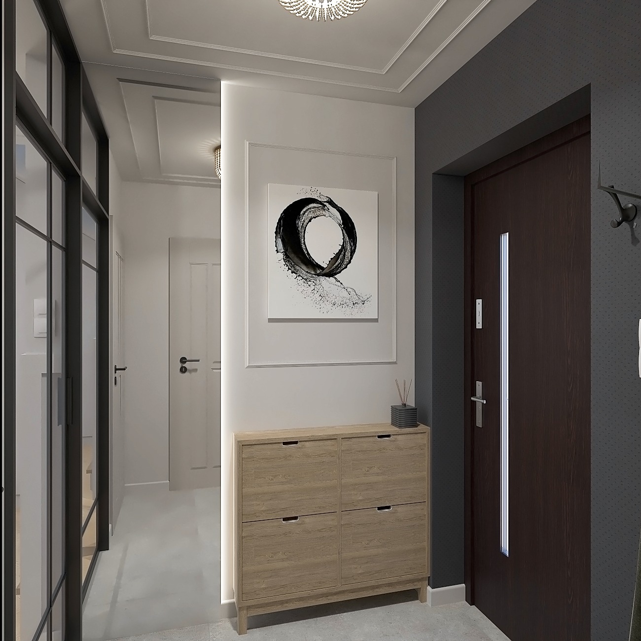 Nowoczesny przedpokój z drewnianą szafką na buty, abstrakcyjnym obrazem w ramie i szklaną ścianką działową. Minimalistyczny design z subtelnym oświetleniem.
