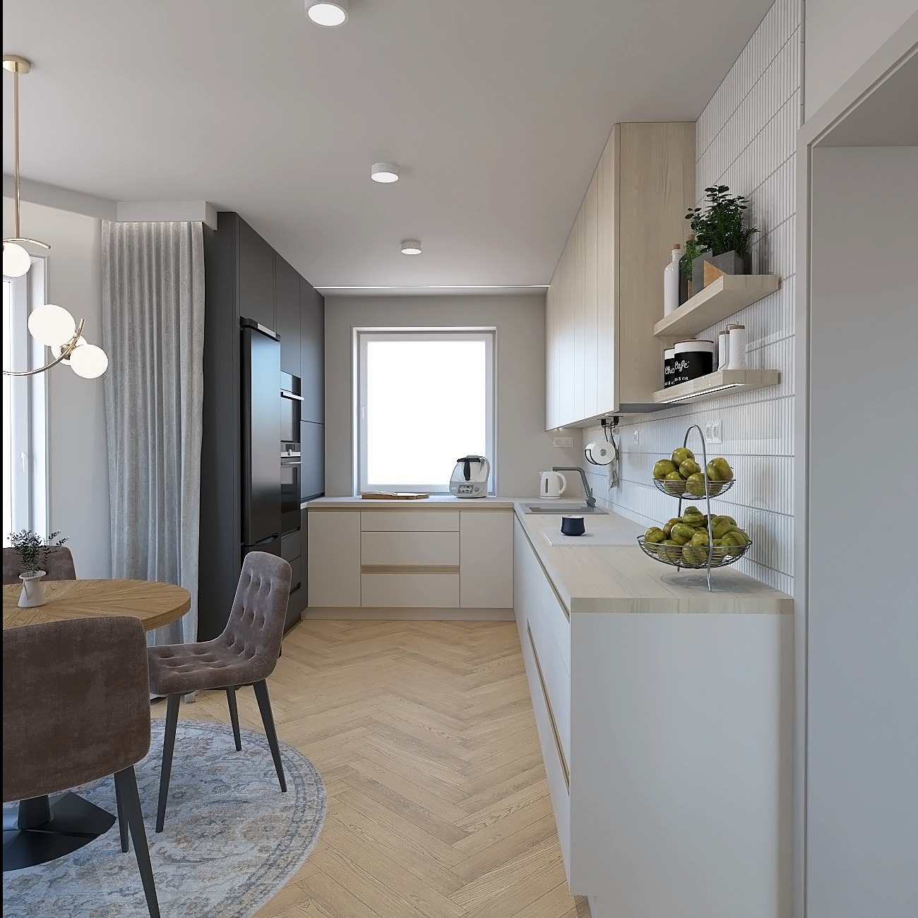 Nowoczesna kuchnia z drewnianym parkietem w jodełkę, czarnymi szafkami i okrągłym stołem z krzesłami. Na blacie koszyk z owocami.