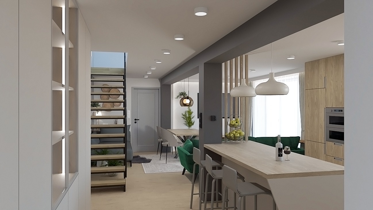 Nowoczesne wnętrze: otwarta kuchnia z wyspą, jadalnia z zielonymi akcentami i schody z roślinami. Minimalistyczny design, jasne kolory, naturalne światło.