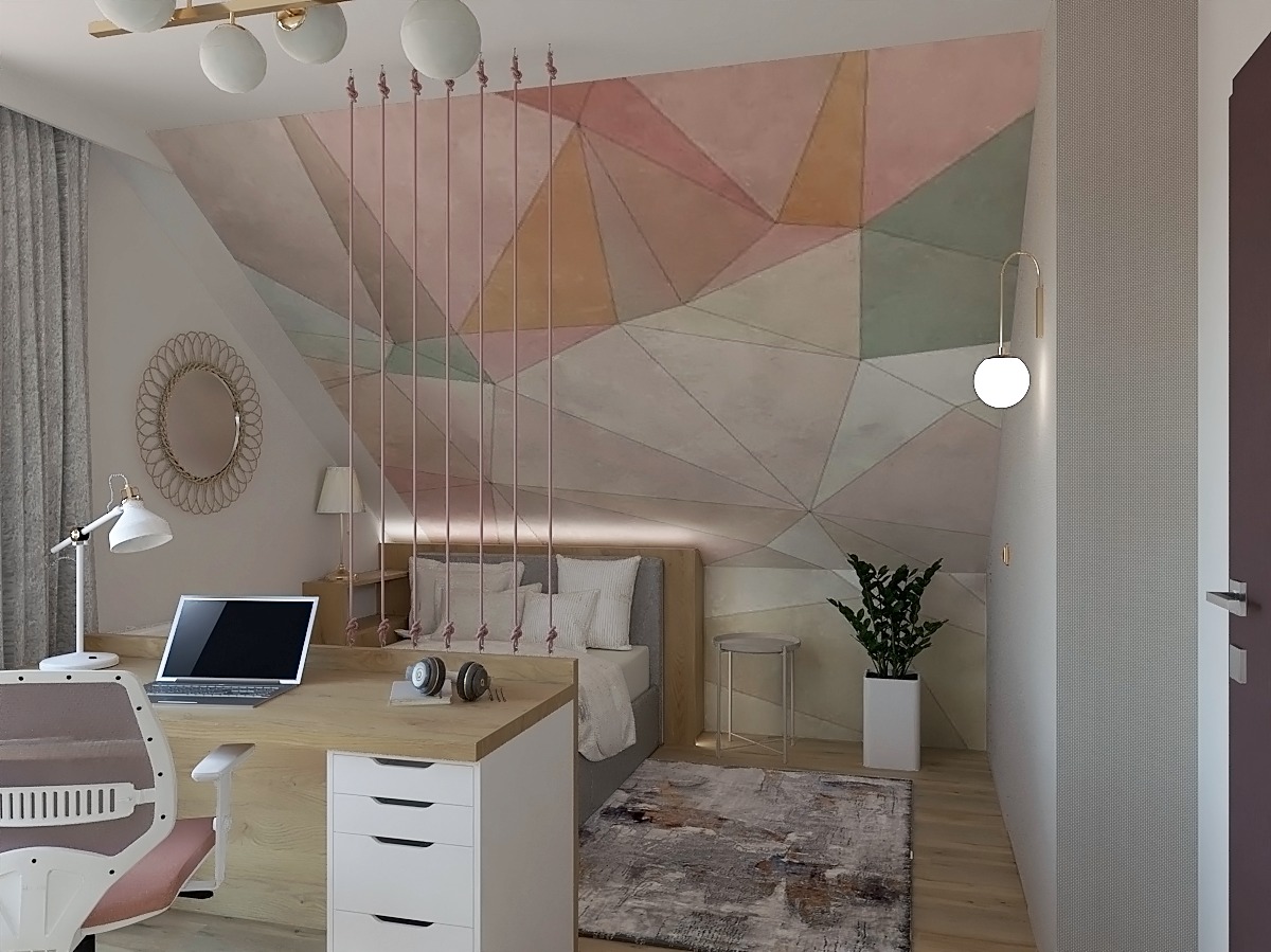 Nowoczesna aranżacja pokoju z biurkiem i łóżkiem w Pysznicy. Geometryczna tapeta, lampa ścienna i dekoracyjne sznurki tworzą unikalny klimat wnętrza.