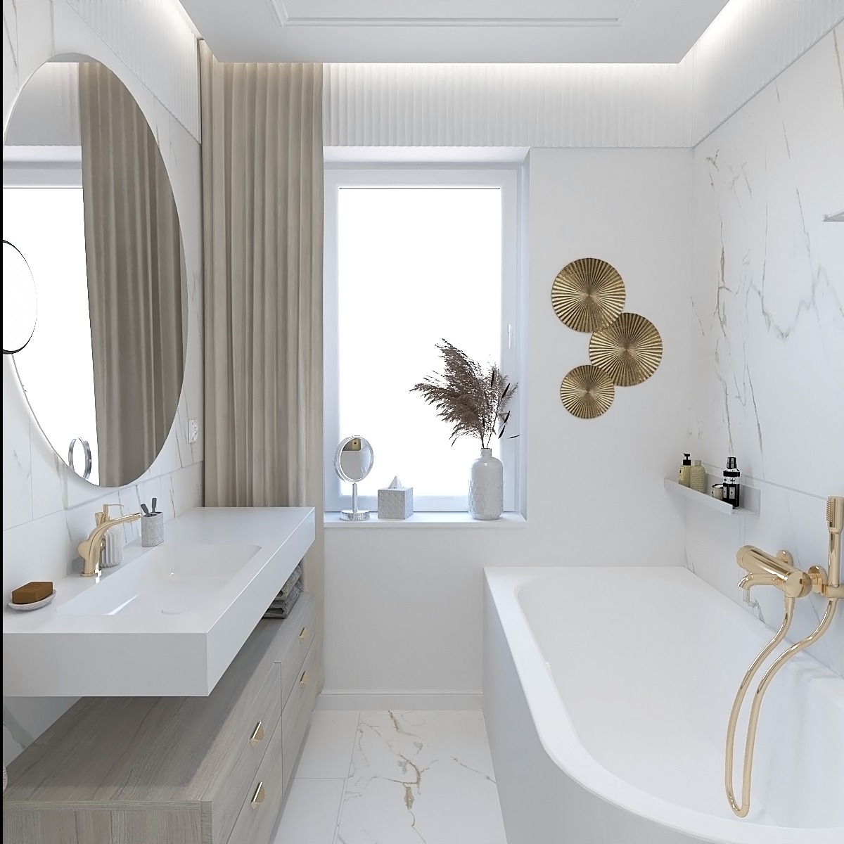 Elegancka, jasna łazienka z owalnym lustrem, białą umywalką na szafce z drewnianym frontem, wanną i złotą armaturą. Marmurowe płytki i dekoracje ścienne.