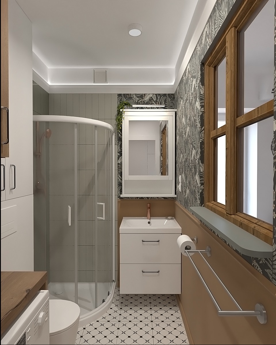 Wizualizacja łazienki z kabiną prysznicową, umywalką z szafką i wzorzystą tapetą. Uwagę przykuwa drewniana rama okienna i geometryczna podłoga.