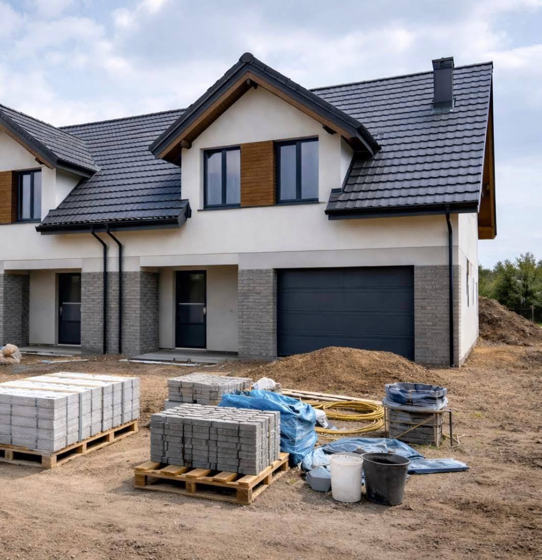 Dwukondygnacyjny dom z garażem i ciemną dachówką, z paletami kostki brukowej na niezagospodarowanym terenie. Widoczne elementy wykończeniowe.