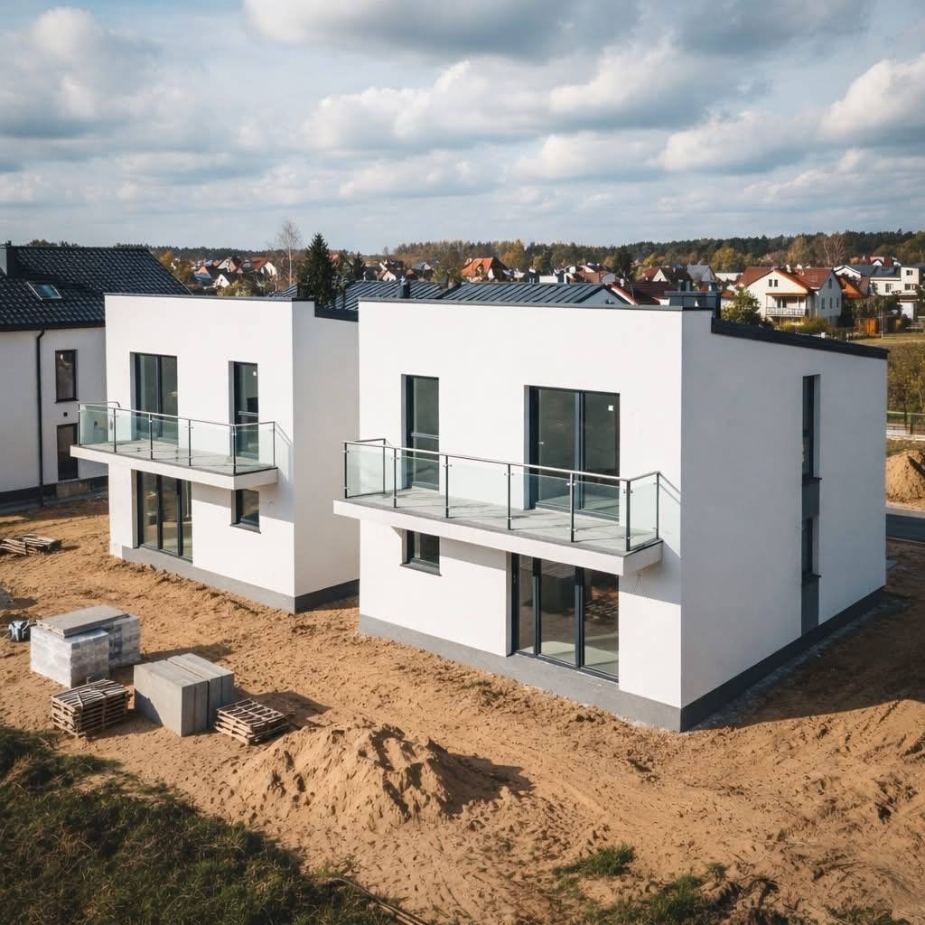 Dwa nowoczesne, białe domy z balkonami i szklanymi balustradami, na działce w trakcie zagospodarowywania. W tle zabudowa jednorodzinna i pochmurne niebo.