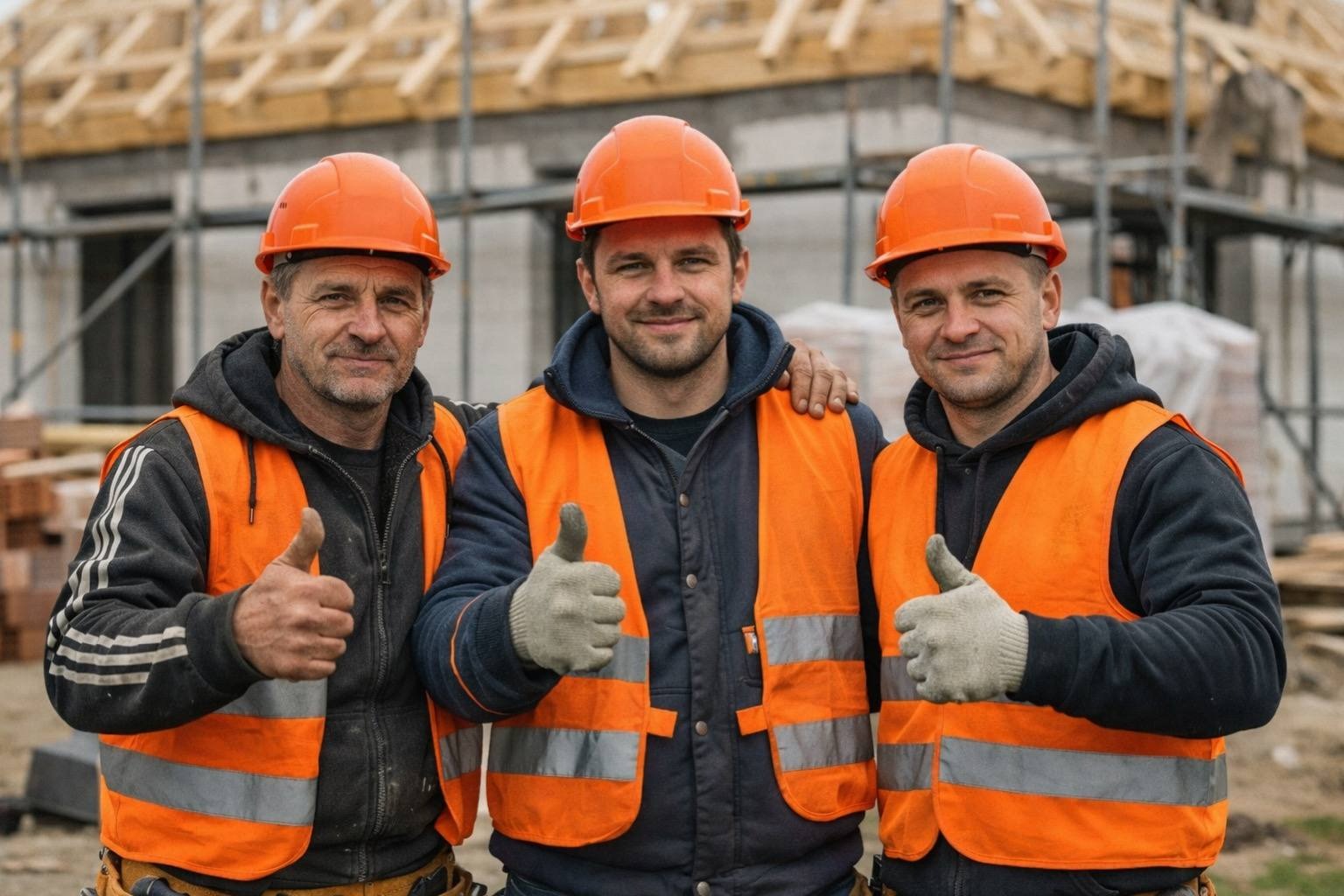 Trzech uśmiechniętych budowlańców w pomarańczowych kaskach i kamizelkach odblaskowych, z uniesionymi kciukami na tle konstrukcji domu w trakcie budowy.