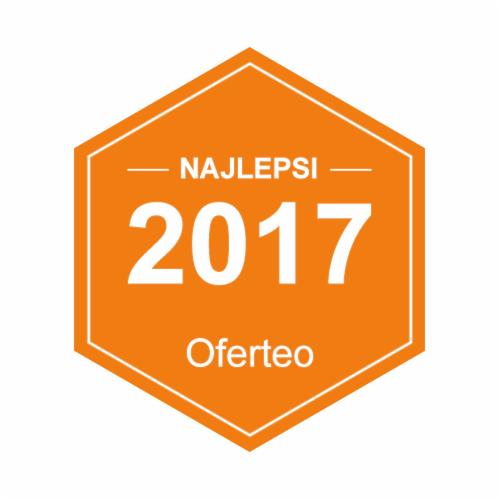 Pomarańczowa odznaka Oferteo z napisem 'Najlepsi 2017' wewnątrz białego obrysu sześciokąta.