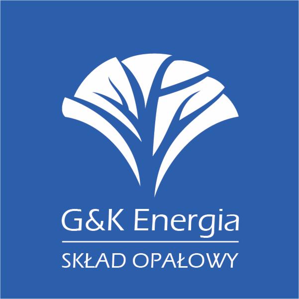 Logo firmy G&K Energia Skład Opałowy na niebieskim tle z białym symbolem drzewa.