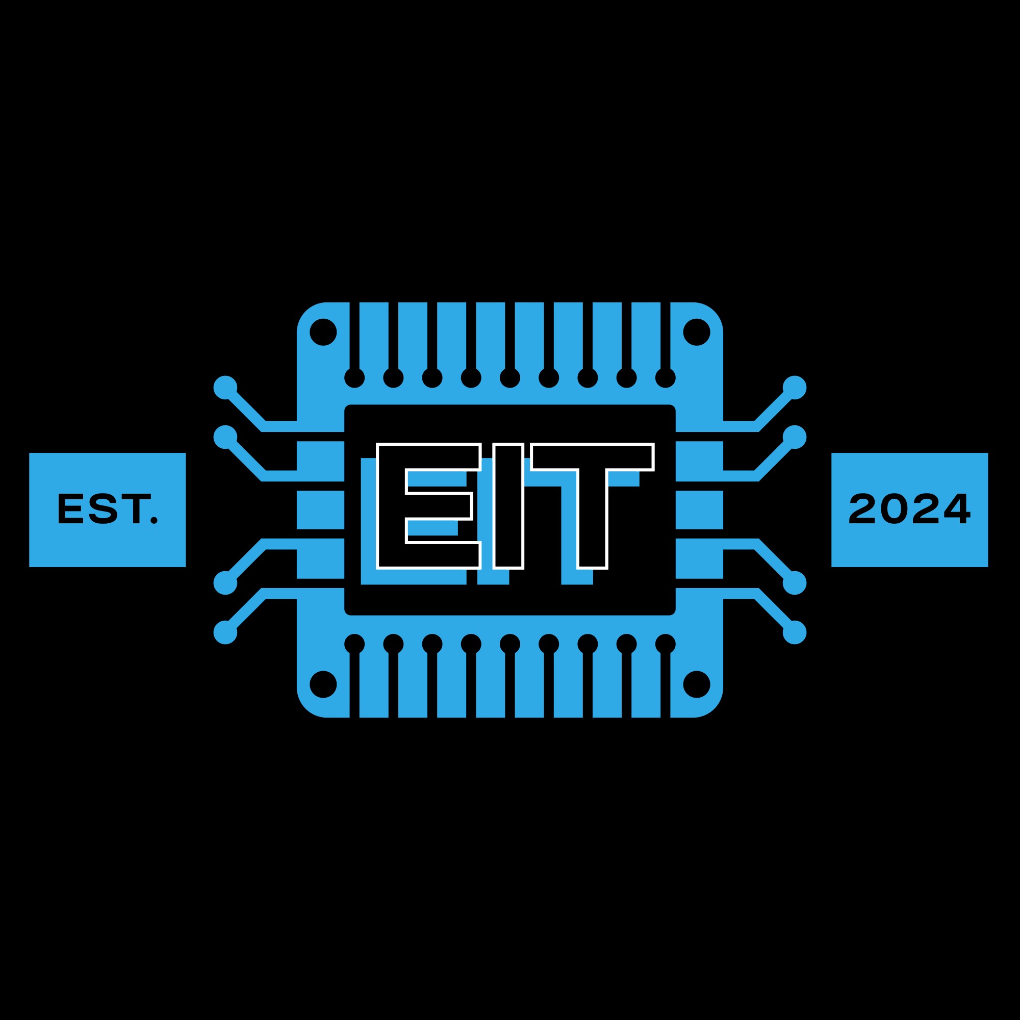 Grafika logo EIT w formie niebieskiego układu scalonego na czarnym tle, z napisem EST. i rokiem 2024 po bokach. Minimalistyczny design.