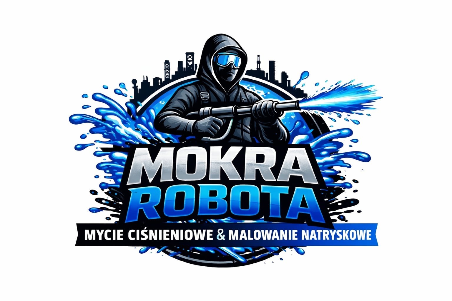 Grafika: Stylizowana postać w masce z lancą ciśnieniową na tle panoramy miasta i bryzgającej wody. Napis 'MOKRA ROBOTA - MYCIE CIŚNIENIOWE & MALOWANIE NATRYSKOWE'.