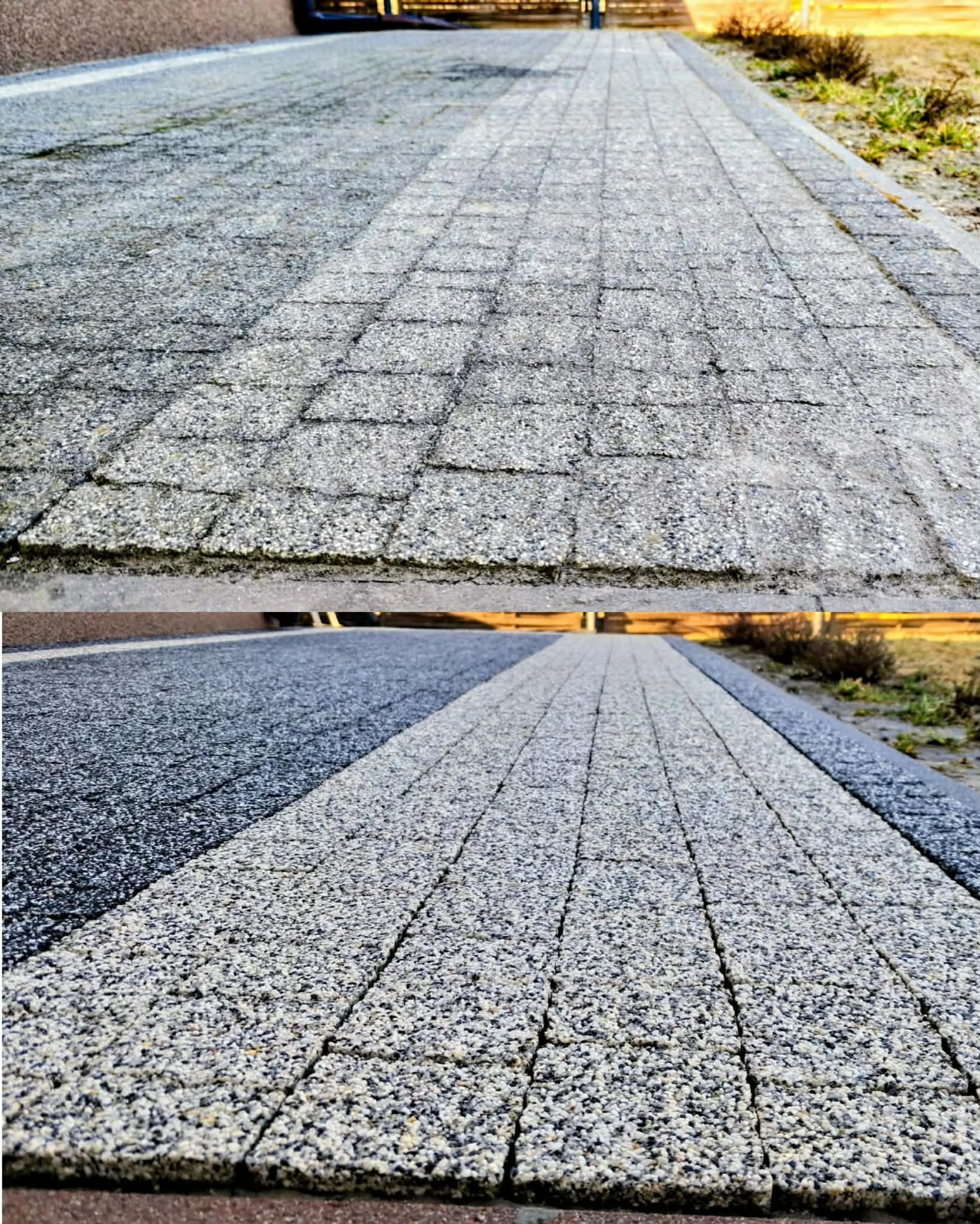 Zdjęcie kostki brukowej przed i po czyszczeniu, ukazujące wyraźną różnicę w kolorze i usunięciu zabrudzeń. Widok z perspektywy chodnika, z bliska.