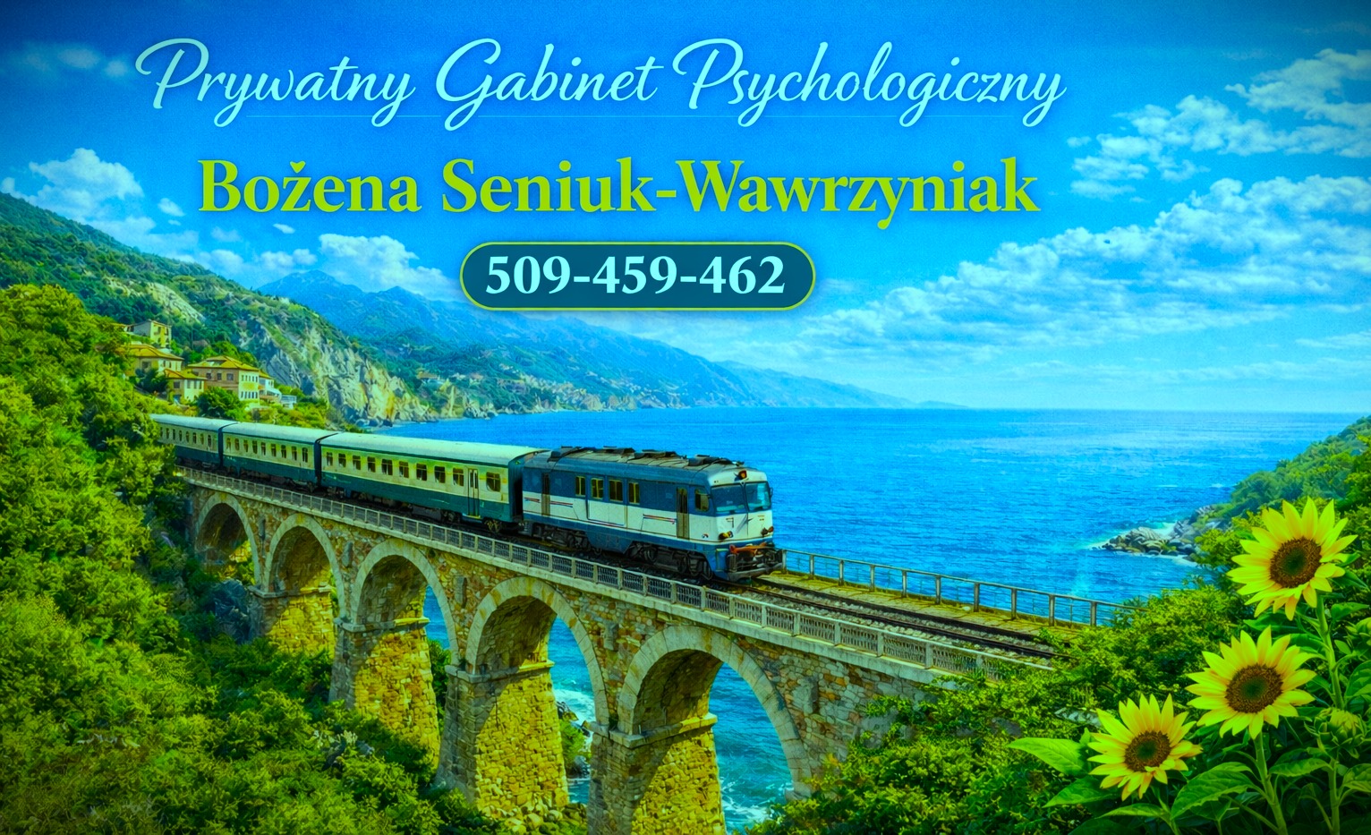 Grafika z nazwą gabinetu psychologicznego, imieniem i nazwiskiem oraz numerem telefonu na tle malowniczego krajobrazu z mostem i pociągiem.