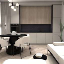 Wizualizacja nowoczesnego wnętrza: okrągły stół z czarnym blatem, beżowe krzesła, minimalistyczna zabudowa kuchenna z drewnianymi szafkami i biała sofa.