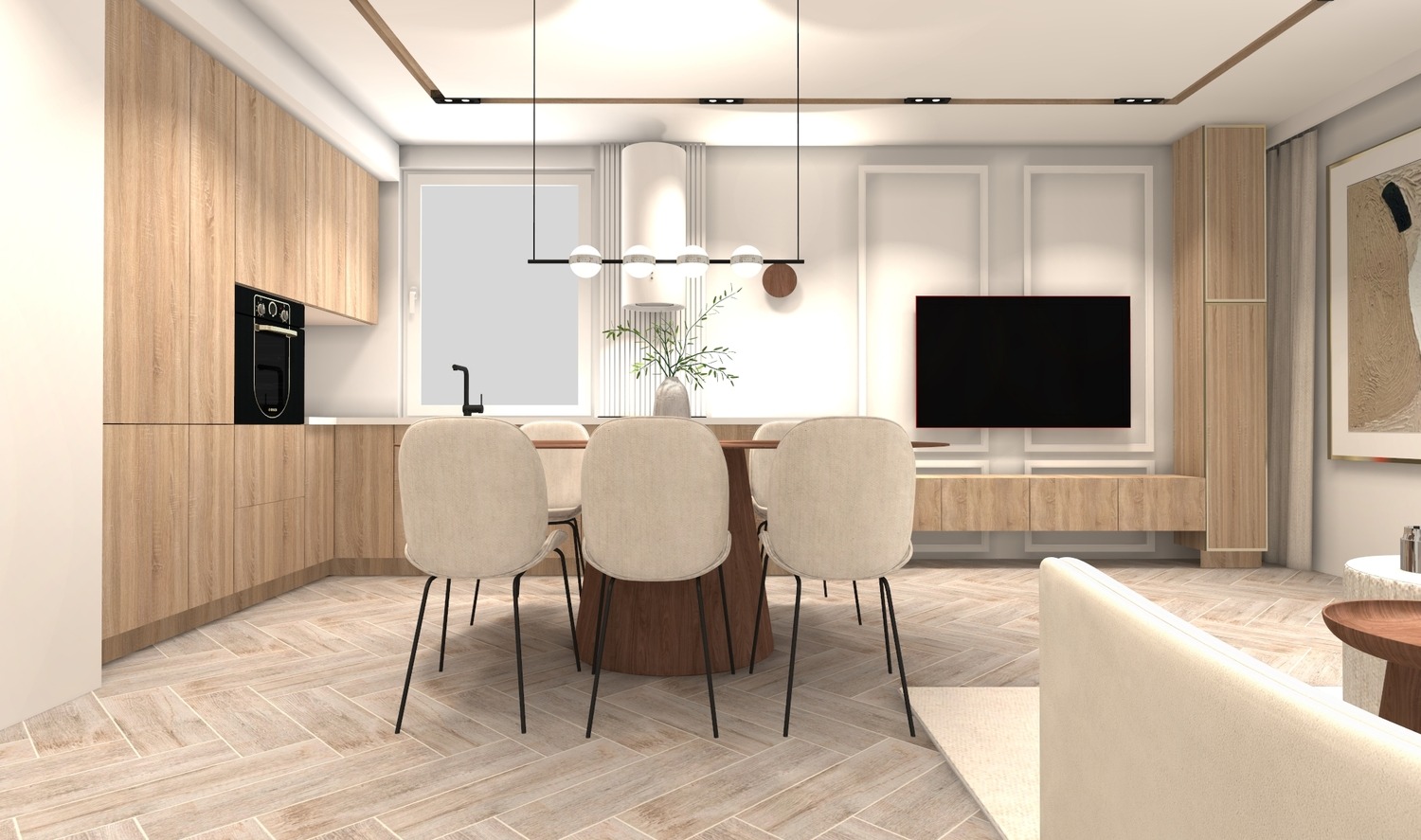Jasne wnętrze z drewnianą zabudową kuchenną, stołem jadalnym i telewizorem. Parkiet ułożony w jodełkę. Minimalistyczne oświetlenie i dekoracje.