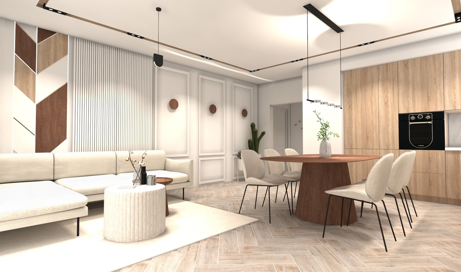 Jasne, przestronne wnętrze z drewnianymi akcentami: sofa, okrągły stół z krzesłami, dekoracyjna ściana z geometrycznym wzorem i drewniana zabudowa kuchenna.