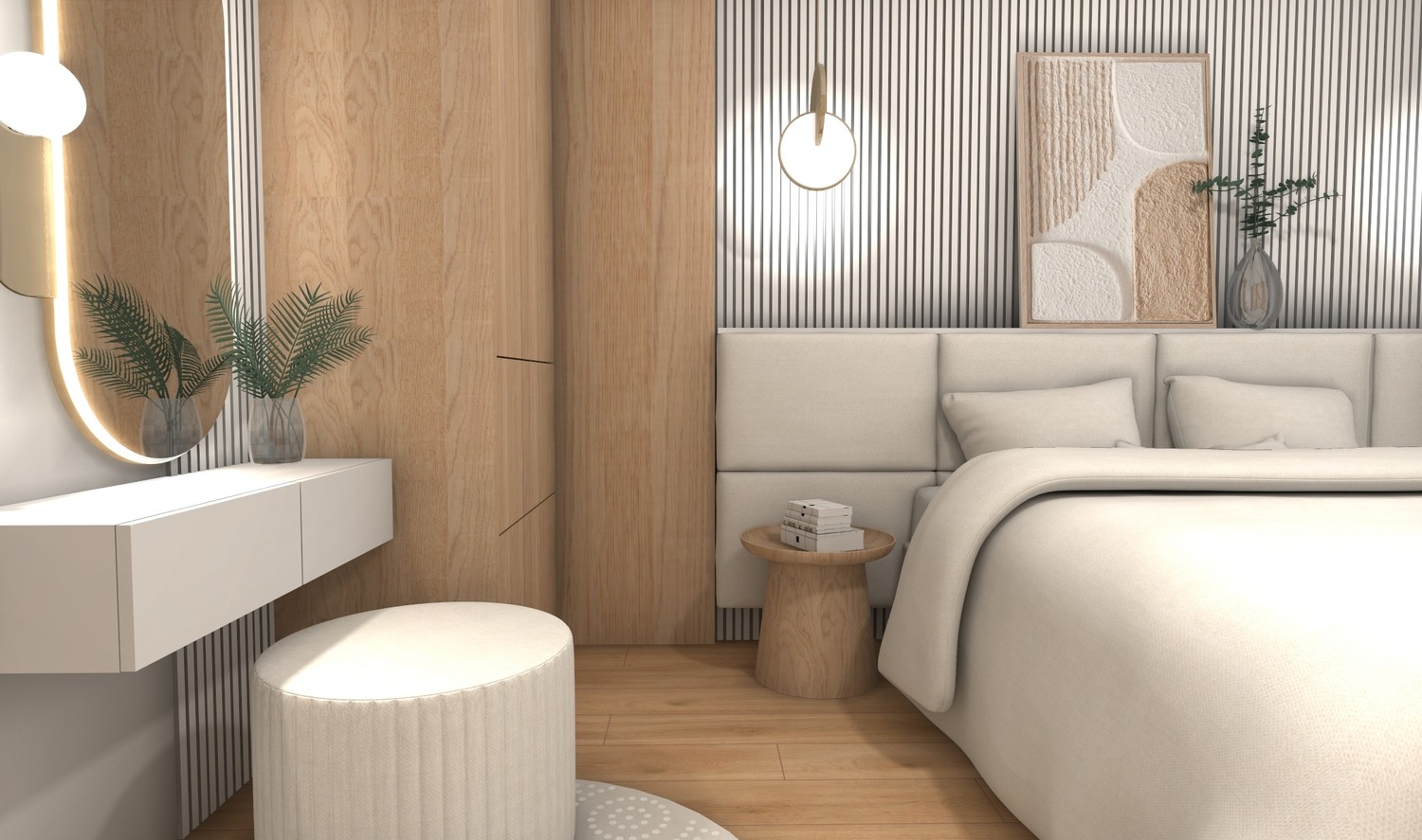Nowoczesna sypialnia w beżach: łóżko z zagłówkiem, toaletka z lustrem, pufa, drewniane panele i abstrakcyjny obraz. Minimalistyczny design, ciepłe oświetlenie.