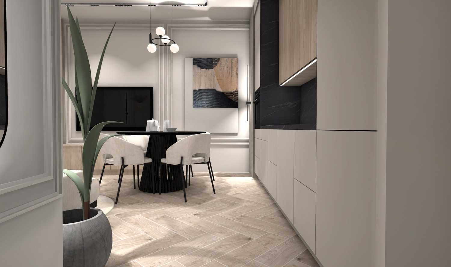 Eleganckie wnętrze: jadalnia z okrągłym stołem i krzesłami, parkiet w jodełkę, minimalistyczna kuchnia z drewnianymi akcentami i abstrakcyjny obraz na ścianie.