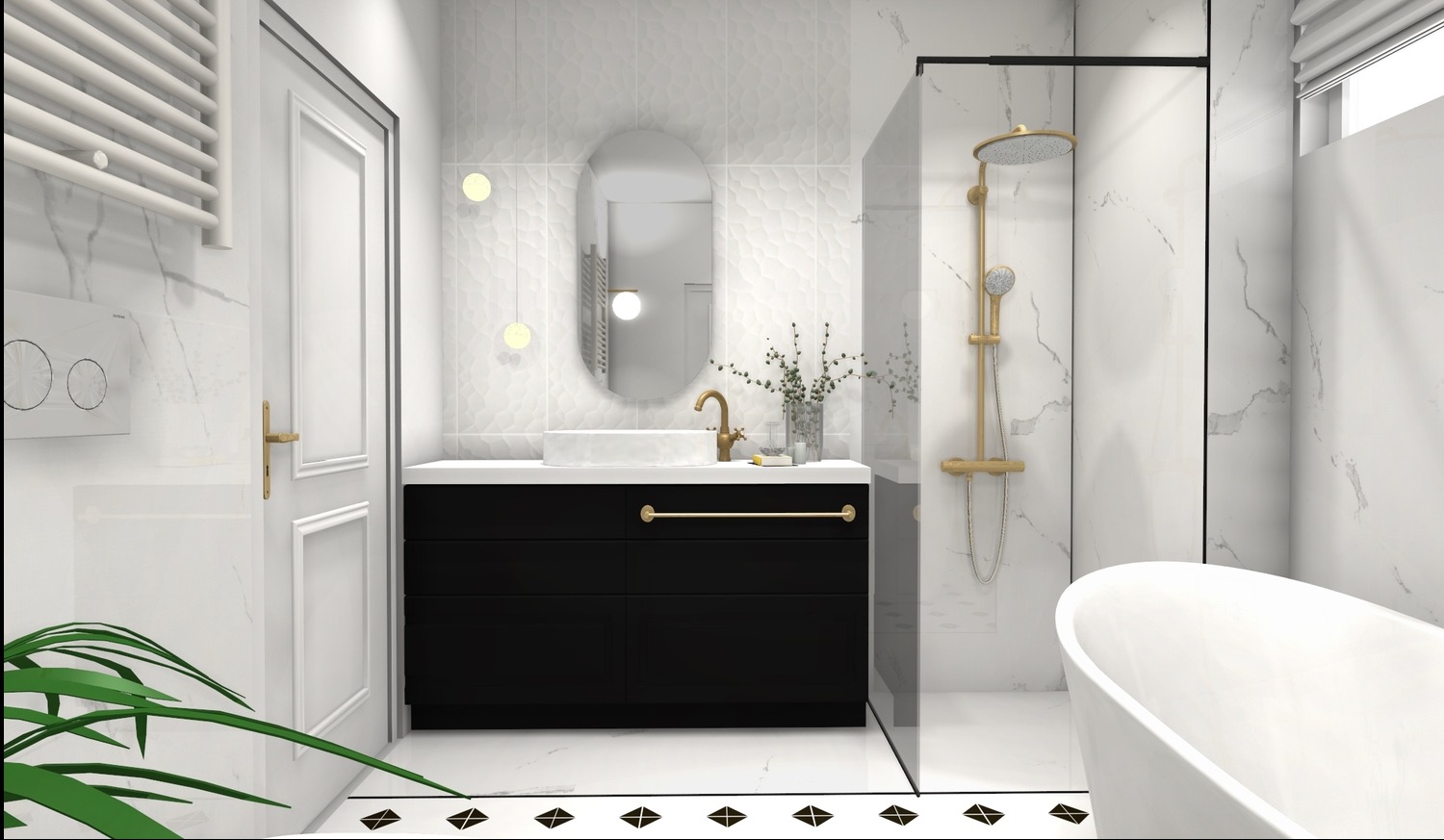 Elegancka łazienka w Kolbudach: białe marmurowe płytki, czarna szafka pod umywalką, złota armatura i kabina prysznicowa ze złotym deszczownicą.