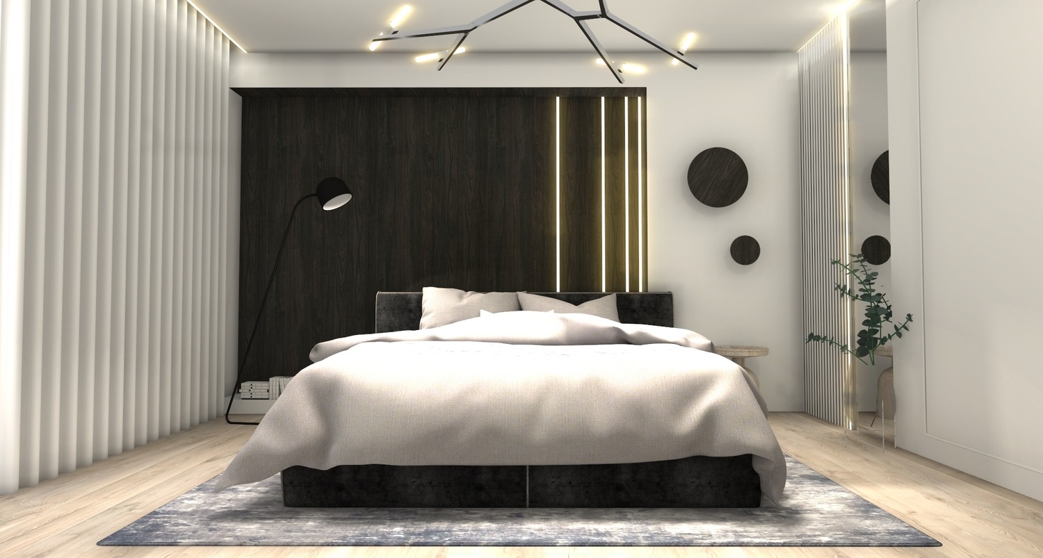 Nowoczesna sypialnia z ciemnym drewnem, oświetleniem LED i designerską lampą podłogową. Minimalistyczny wystrój z okrągłymi dekoracjami ściennymi i rośliną w szklanym wazonie.