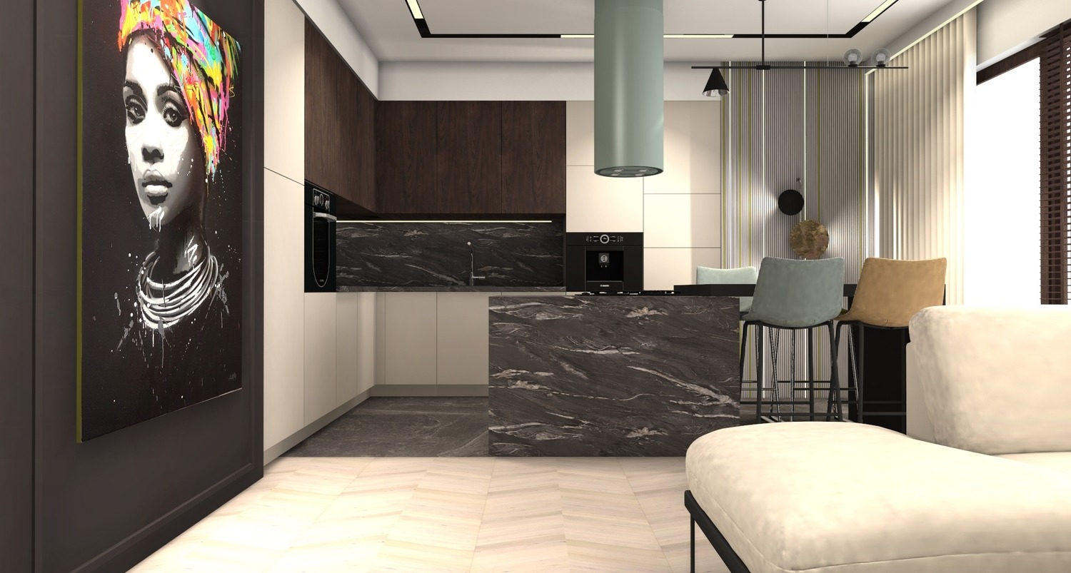 Nowoczesna kuchnia z wyspą i marmurowym blatem, oświetleniem LED i obrazem kobiety w kolorowym turbanie. Minimalistyczny design z elementami dekoracyjnymi.