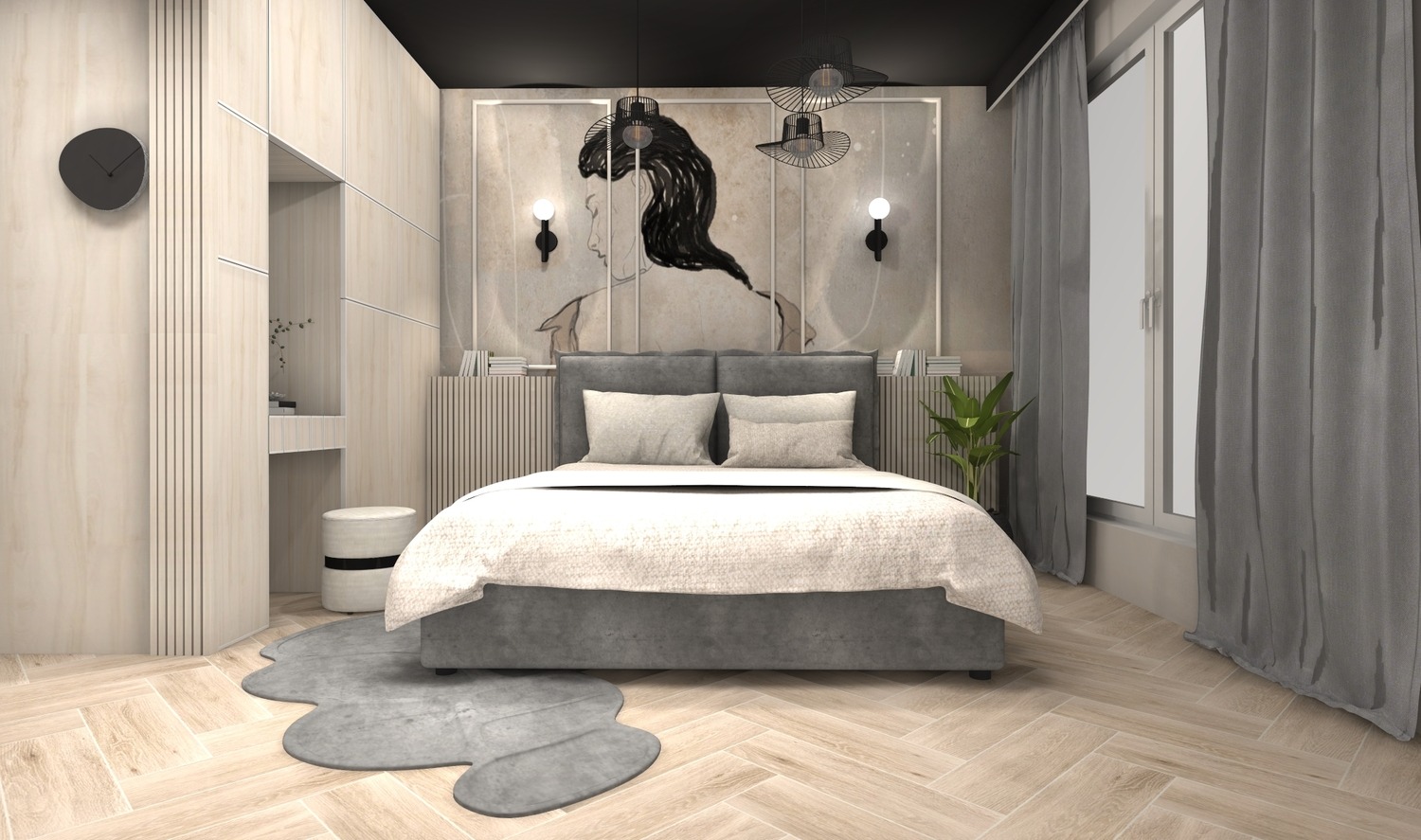 Nowoczesna sypialnia z łóżkiem, grafiką kobiety na ścianie, lampami w stylu kapeluszy i drewnianą podłogą ułożoną w jodełkę. Stonowana kolorystyka.