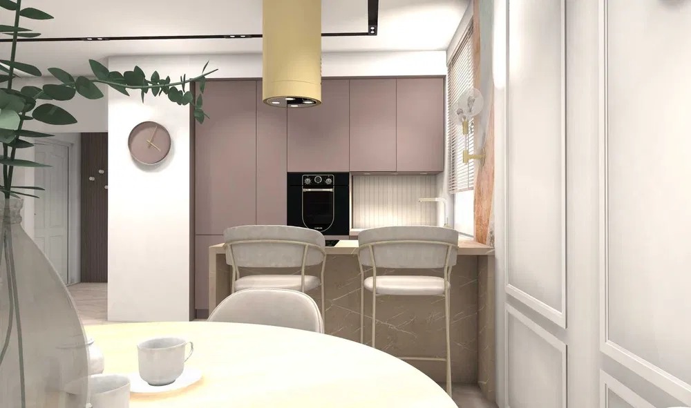 Nowoczesna kuchnia w pastelowych odcieniach z wyspą i hokerami. Minimalistyczny design, okrągły stół z filiżankami, dekoracyjna roślina w wazonie. Jasne, naturalne światło.