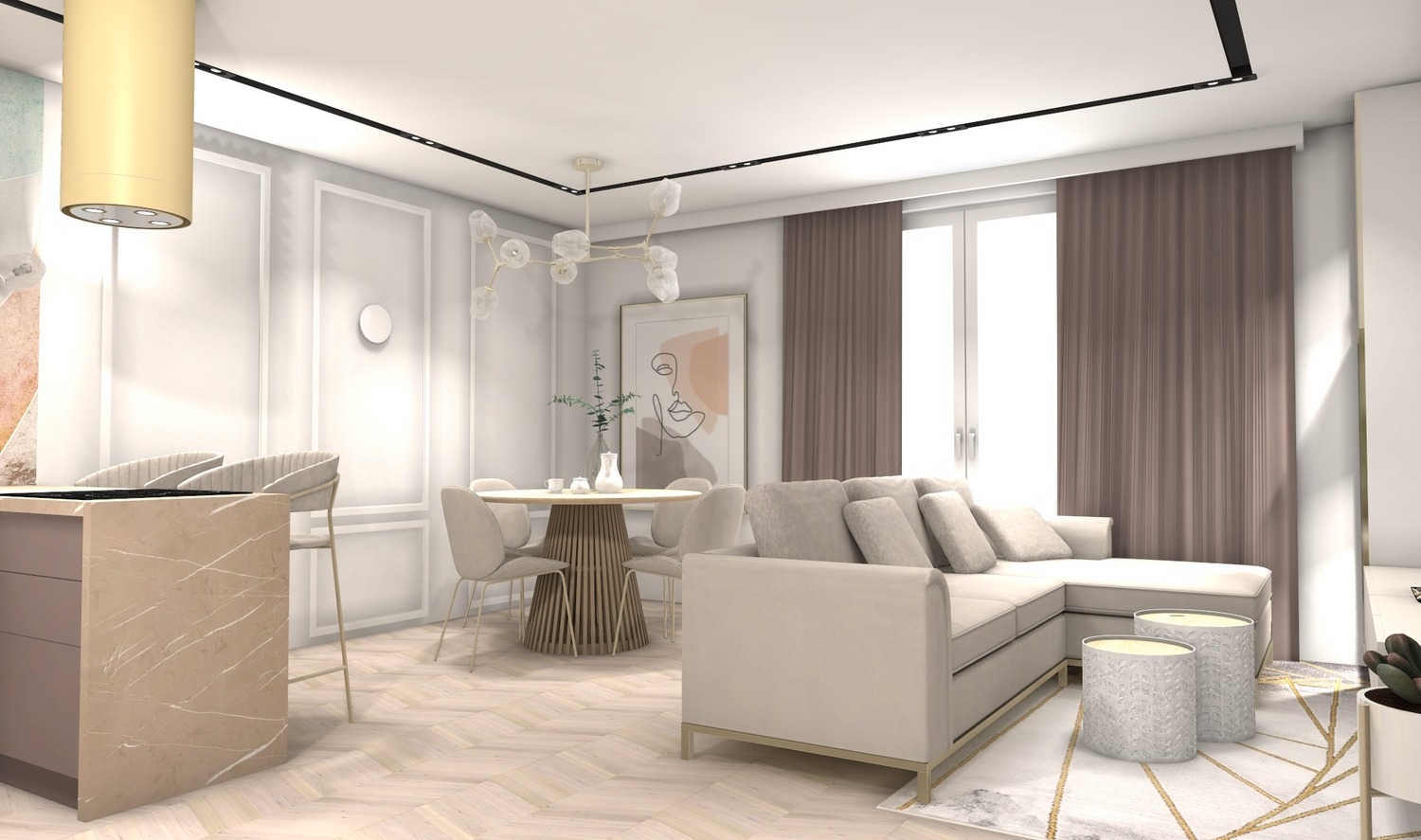 Jasne wnętrze z beżową sofą narożną, okrągłym stołem z unikalną podstawą i marmurowym blatem wyspy kuchennej. Minimalistyczny design, ciepłe oświetlenie.