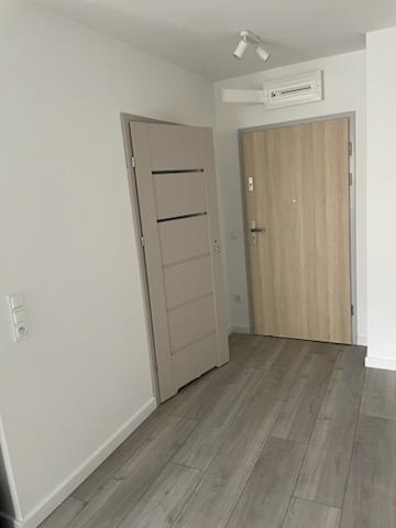 Jasne wnętrze mieszkania po remoncie: szare panele podłogowe, białe ściany, dwoje drzwi w odcieniach beżu i biała lampa sufitowa. Minimalistyczny design.