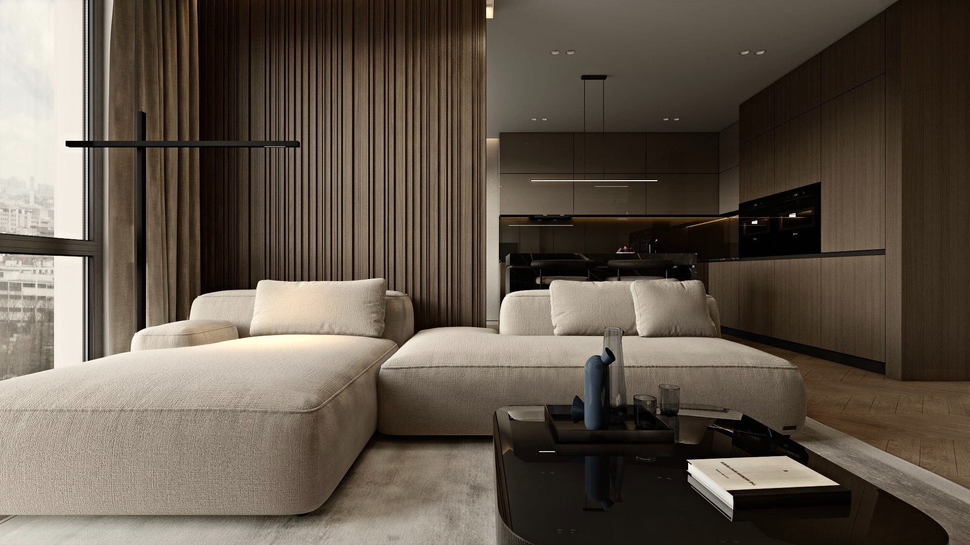 Stylowe wnętrze: beżowa sofa modułowa z szezlongiem, ciemne drewniane panele ścienne i minimalistyczna kuchnia w tle. Nowoczesny design z dbałością o detale.