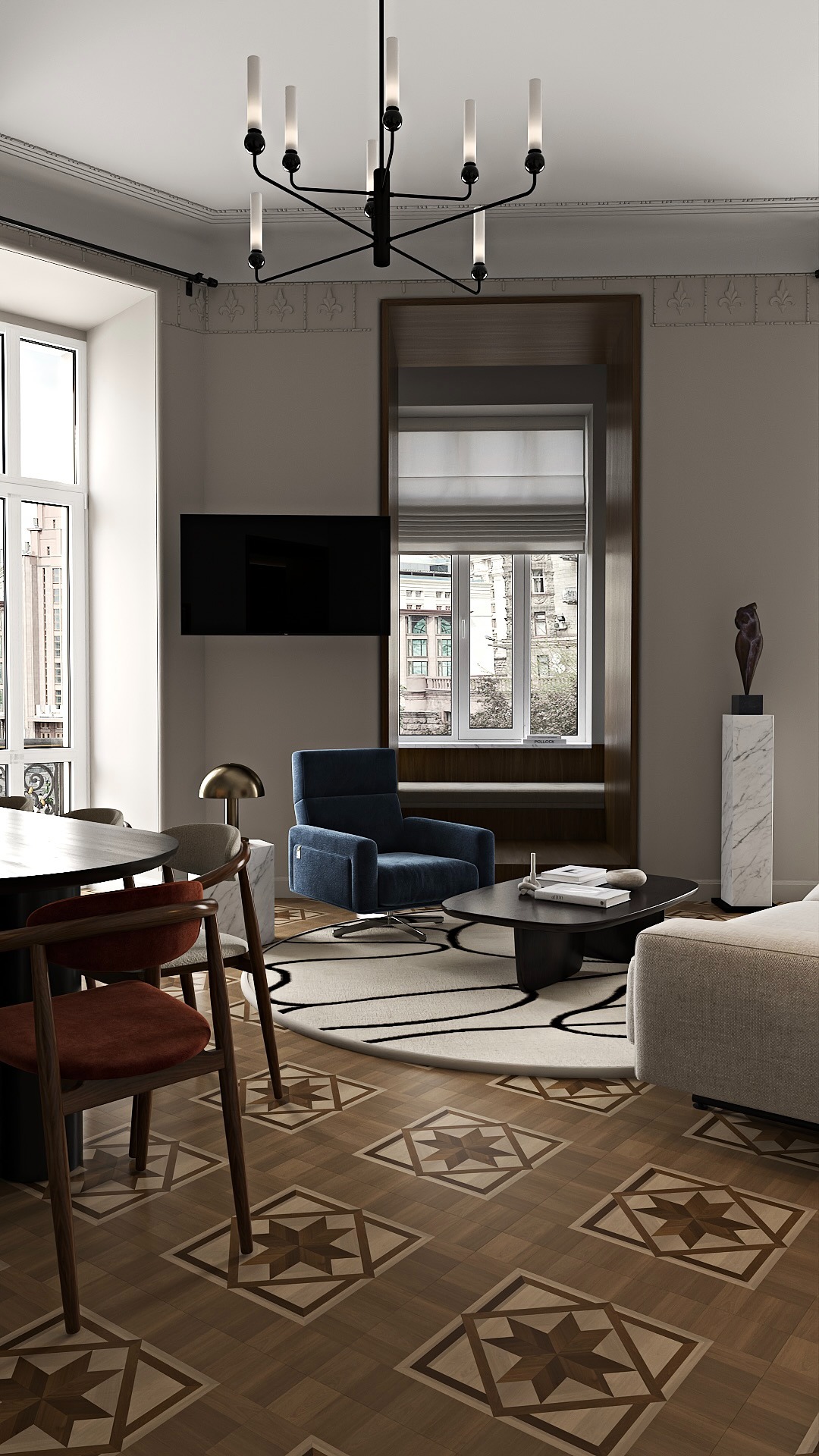 Elegancki salon z parkietem w gwiazdy, granatowym fotelem i czarnym żyrandolem. Widok na okno z roletą rzymską i budynki w tle. Nowoczesne oświetlenie i dekoracje.