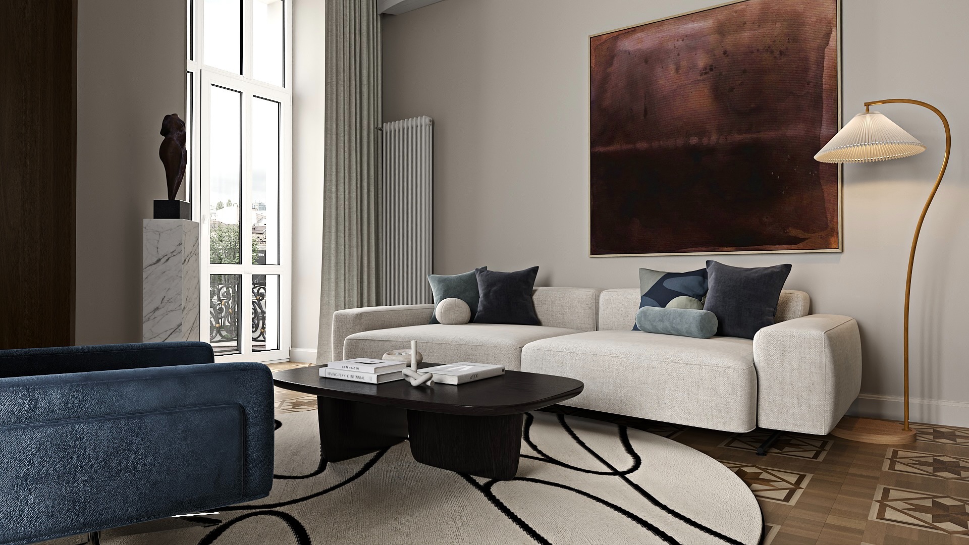 Elegancki salon z narożną sofą, ciemnym stolikiem kawowym i abstrakcyjnym obrazem. Podłoga z wzorem, lampa łukowa i rzeźba dodają charakteru.