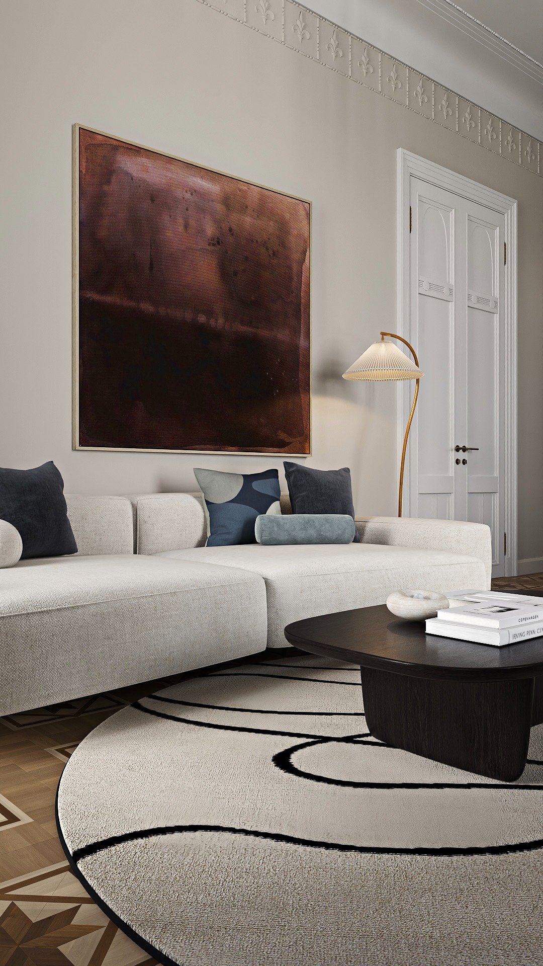 Elegancki salon z narożną sofą, abstrakcyjnym obrazem i okrągłym dywanem z czarnymi wzorami. Parkiet w geometryczny wzór dodaje charakteru.