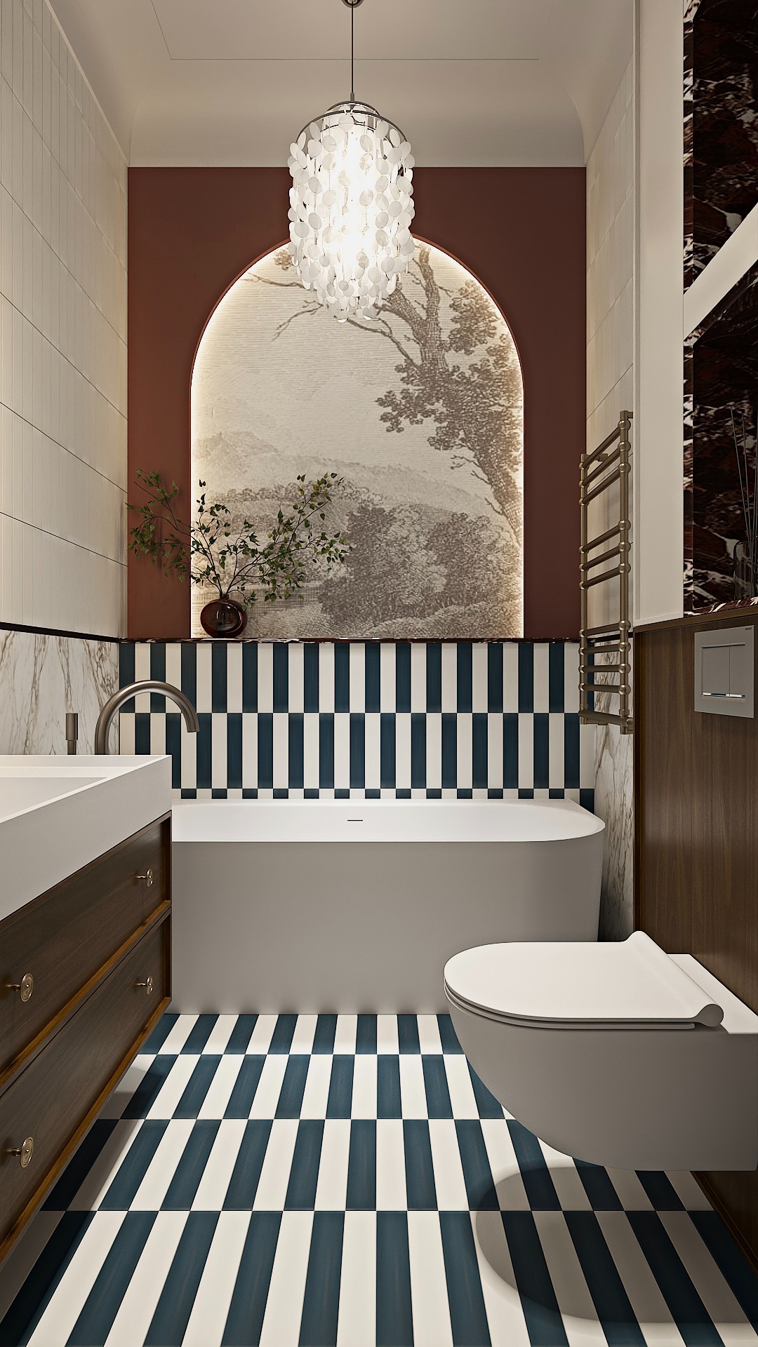 Nowoczesna łazienka z wanną, umywalką z szafką z ciemnego drewna i toaletą. Uwagę przykuwają płytki w biało-granatową szachownicę i dekoracyjna tapeta z motywem drzewa.
