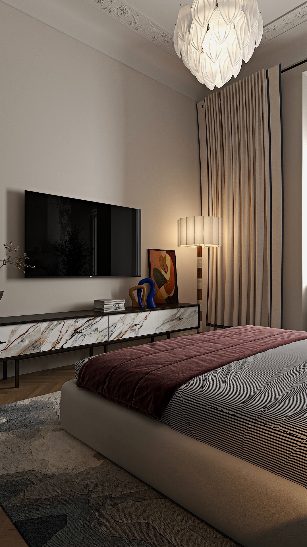 Nowoczesna sypialnia z marmurową komodą pod telewizorem, designerską lampą i wzorzystym dywanem. Stonowana kolorystyka, eleganckie detale i minimalistyczny styl.