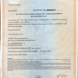 TALERON SPÓŁKA Z OGRANICZONĄ ODPOWIEDZIALNOŚCIĄ - Polska licencja na pośrednictwo w transporcie drogowym rzeczy, wydana dla TALERON SP. Z O.O., ważna do 2056 roku, z widoczną pieczęcią i podpisem.