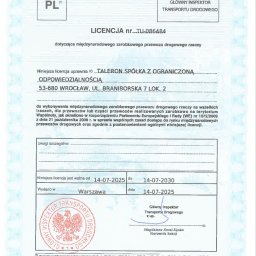 TALERON SPÓŁKA Z OGRANICZONĄ ODPOWIEDZIALNOŚCIĄ - Polska licencja na międzynarodowy zarobkowy przewóz drogowy rzeczy, wydana przez Główny Inspektorat Transportu Drogowego dla firmy TALERON, ważna do 2030 roku.