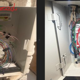 Sebastian Bagsik - Zdjęcie typu 'przed i po' przedstawia skrzynkę telekomunikacyjną. Po lewej stronie widoczne nieuporządkowane kable, po prawej - kable uporządkowane i podłączone.