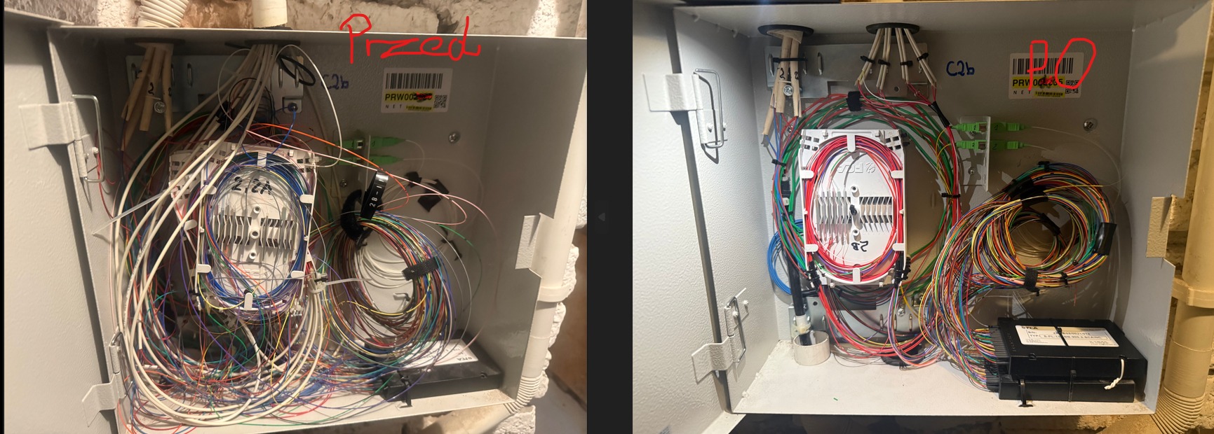 Zdjęcie typu 'przed i po' przedstawia skrzynkę telekomunikacyjną. Po lewej stronie widoczne nieuporządkowane kable, po prawej - kable uporządkowane i podłączone.