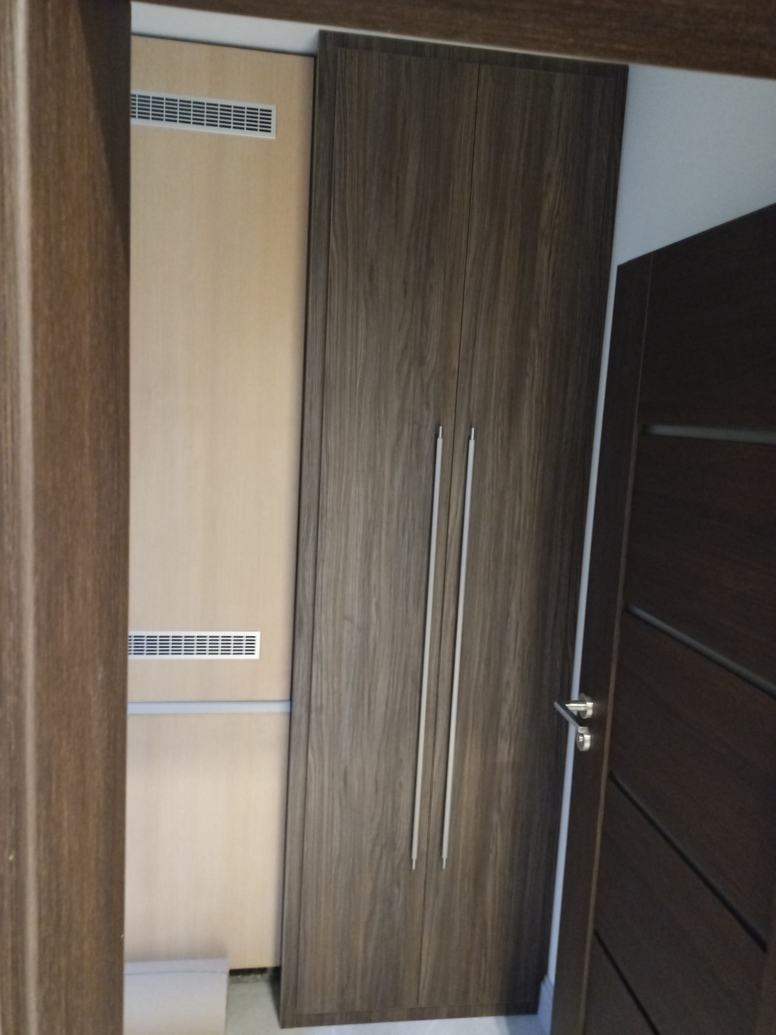 Wnętrze z zabudową: wysoka szafa z ciemnego drewna z długimi, srebrnymi uchwytami, obok jasna ściana z kratkami wentylacyjnymi, widok zza framugi drzwi.