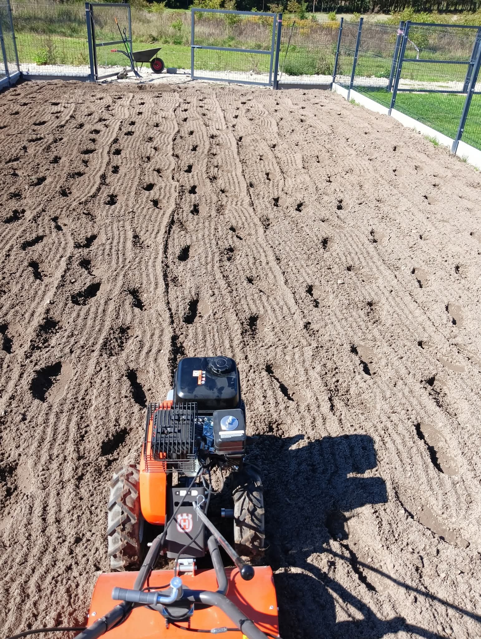 Przygotowany grunt pod trawnik z widocznymi śladami po glebogryzarce Husqvarna, ogrodzony siatką. W tle wózek ogrodowy i drzewa.