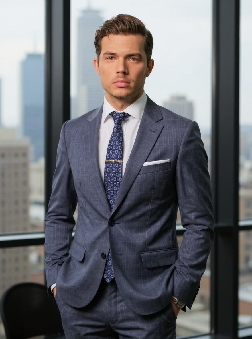 Mężczyzna w garniturze w kratę, z krawatem w niebieskie wzory i spinką, stoi na tle okna z widokiem na miasto. Elegancki i profesjonalny wygląd.