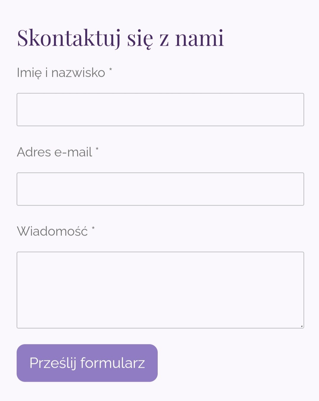 Formularz kontaktowy z polami: Imię i nazwisko, Adres e-mail, Wiadomość oraz przyciskiem 'Prześlij formularz' na jasnym tle. Minimalistyczny design.