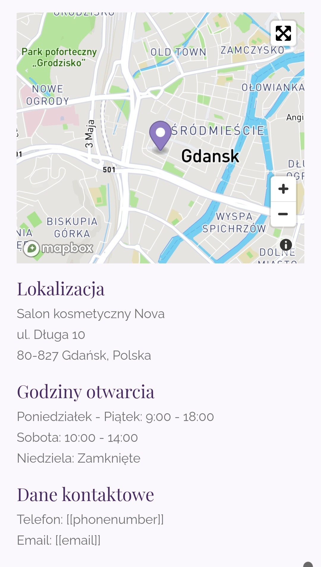 Mapa Gdańska z zaznaczoną lokalizacją salonu kosmetycznego Nova w Śródmieściu, ul. Długa 10. Widoczne ulice, parki i wyspa Spichrzów. Informacje o godzinach otwarcia i kontakcie.