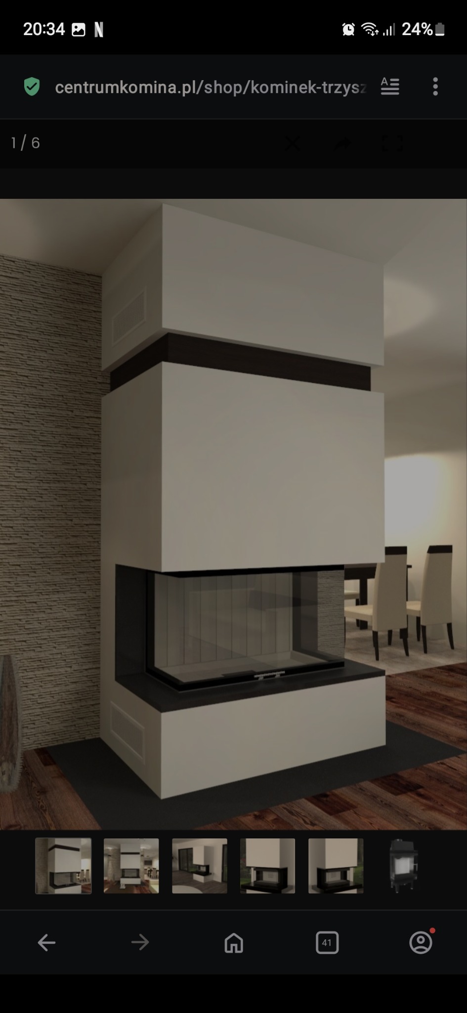 Nowoczesny kominek narożny z przeszklonym paleniskiem, wkomponowany w jasne wnętrze z elementami dekoracyjnymi. Widoczne detale wykończenia i aranżacja przestrzeni.